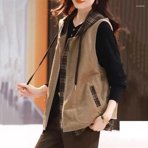 Kvinnors västar Spring Autumn Corduroy Vest Jacket Kvinnor 2024 Fashion Loose Hooded ärmlös Waistcoat Coats Female Ladies Tops