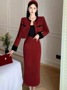 Women Tweed Cadigan Jacket Pencil Midi Skirt Long Sleeve Single-breasted Small Fragrance Short Coat Two Piece Set 240425