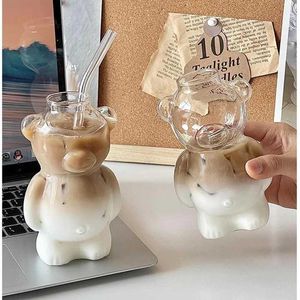 Tumblers Cartoon Bear Transparent Glass Creative Coffee Cup Beverage for KTV Bar Club Party Cocktail Unique Reusable Cute H240506