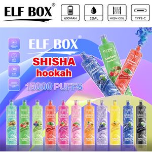 PULD 15K ELF BOX SHISHA HOOSHAH 15000 PULDS Disponerbara E -cigaretter 0% 2% 3% 5% 26 ML Förspillad pod 0,6hm Mesh Coil 600mAh Uppladdningsbar batterpenna