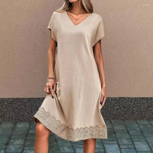 Abiti per feste in forma sciolta decorazione in pizzo in pizzo elegante patchwork v collo midi per donne indossano pullover lunghezza del ginocchio con corto