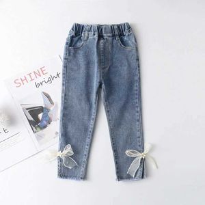 Trousers 2023 New 2-7Y Jeans Girls Elegant Bow Denim Pants Sweet Bow Elastic Cute Spring Childrens Trousers Baby PantsL2403