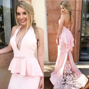 Sexy Dresses 2021 Chiffon Bridesmaid Pink Backless Lace Halter Sweep Train Embroidery Custom Made Plus Size Maid Of Honor Gown Vestido