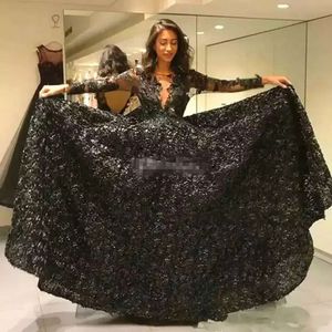 Czarne rękawy 2020 PROM DŁUGO sukienki Sheer Scoop Neck Lace Appliue Siek