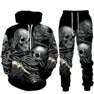 Męskie dresy jesienne zimowe bluzy długie spodnie Zestawy Skull 3D Printed Men TrackSuits Casual Sweashirt Pullover 2 -częściowy zestaw modny stroje t240505