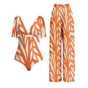 Suits Orange Striped Print Suspenders Bow Straps Swimsuit Hollow Halter Sexy 2023 Swimsuit Women PushUps Beachwear Trousers Blouse