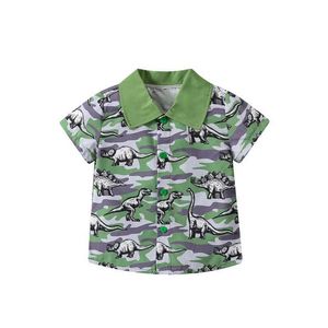 티셔츠 패션 패션 베이비 소년 여름 티셔츠 캐주얼 공룡 프린트 짧은 소매 버튼 셔츠 어린이 의류 티 셔츠 셔츠