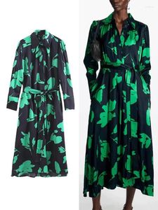 Casual Dresses Zaba Women's Pleated Leaves Floral Print Midi Dress Fashion Slim Chiffon Vintage Elegant Long Sleeve Shirt