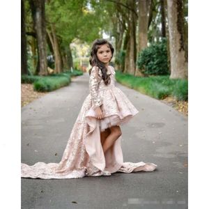 Spetsblommor Dresses Girls 'Pink Low High Long Sleeves V Neck Appliced ​​With Train Tulle Girl Pageant Ball Gown Kids Formal Party Dress