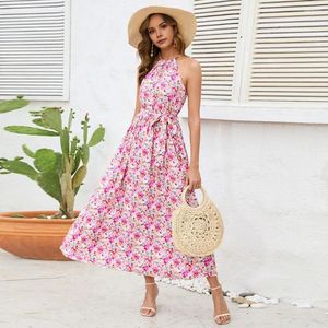 Casual Dresses Women Summer Dress Halter Neck Backless Flower Print Off Shoulder Pleated Belted Waist Bohemian Beach Style Maxi