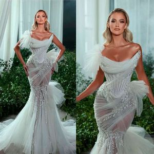 웨딩 스트랩리스 드레스 인어 스트랩리스 레이스 환상 바디 오 오간자 공식 OCN Custom Made Tulle Floor Length