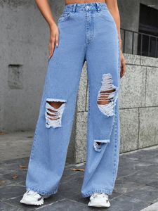 Kvinnors jeans dgirl kvinnor denim byxor hög midja bred ben löst rak hål