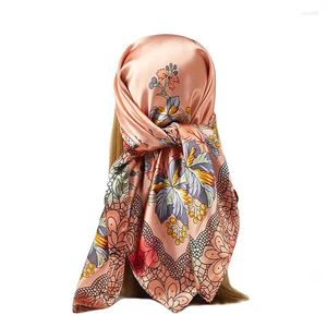 Halsdukar 90 90 cm hår halsduk kvinnor modedesigner vackra blommor foulard mjuk satin sjal kerchief fyrkant silk halsdukar nacke huvudduk