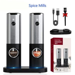 Kitchen Tools Gourmet Spices Grinder Set Rechargeable Electric Salt Pepper Mills Charging Base Multifunction Automatic 240429