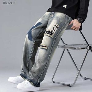 Erkekler Kot 2024 Delikli Modaya Modeli Kotlar Erkek Gevşek ve Düz Bacak Retro Yama Geniş Bacak Günlük Uzun Pantolon S-2XL WX