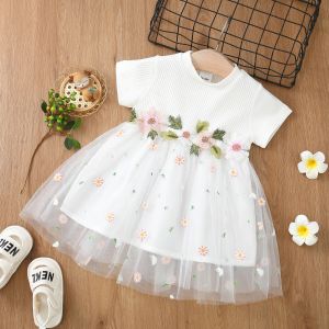 Dresses Baby Girls Short Sleeve Flower Tulle Lace Princess Dress Kids Summer Clothes