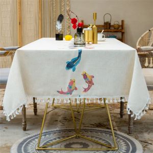 Pads Embroidered Linen Tablecloth with Tassel Waterproof Oilproof Thicken Rectangular Wedding Dining Tea Table Cloth
