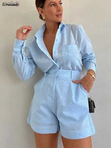 Women's Shorts Fashion Button Pocket Shorts Womens Set Elegant Polo Collar Long sleeved 2-piece Set 2024 Vacation New Matching Set WX