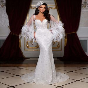 Sleeves Wedding Sweetheart Gorgeous Sequined Dresses Mermaid With Feathers Backless Lace Up Court Custom Made Plus Size Bridal Gown Vestidos De Novia