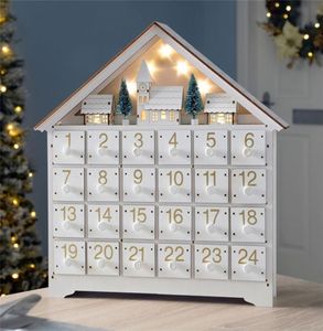 Weihnachtsdekoration Weiß LED 24 Tage Holz Adventskalender Batterieoperatiertes Lightup 24 Lagerschubladen Haus Home Dekor 2202074033