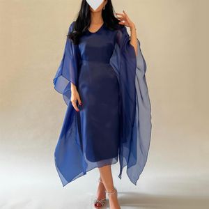 V Neck Navy Blue Sheath Evening Dress Long Sleeve Tulle Formal Party Prom Gown for Women
