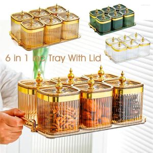 Storage Bottles 6 In 1 Jar Tray With Lid Gold Luxury Household Seasoning Box Supplies Kitchen Salt Combination Bottle F6N9