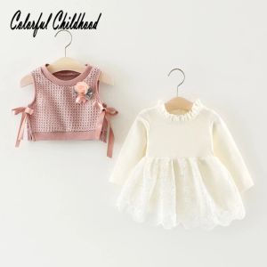 ドレス秋の子供のドレス女の子のための長いスリーブ偽の2pcニットドレス新生児衣服幼児のベビー服のコスチューム024m