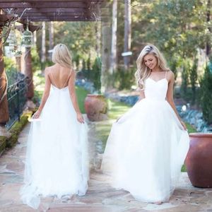 Tulle With 2021 Dresses Straps Beach Spaghetti Simple Sweep Train Backless Custom Made Wedding Gown Vestido De Novia