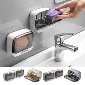 Set Wall Mounted Soap Holder,Soap Box With Flip Lid Free Punch Soap Drain Dish Double Grids Soap Draining Rack For Home Bathroom