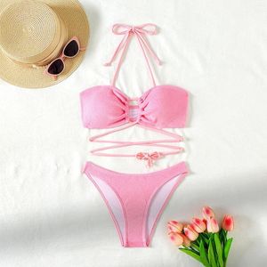 Kadın Mayo Pembe Çapraz Strappy Seksi Mayo Bikini 2024 Yaz Moda Asma Boyun Seti İki Parça
