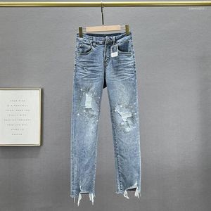 Kvinnors jeans Kvinnors mode rippade 2024 Spring Elastic High midja Rhinestone Croped Pants Girls Plevers Pencil Denim