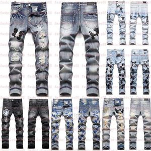 Mäns jeans män jeans europeiska jean trasiga hombre brevstjärna män broderi lapptäcke rippade för trendmärke motorcykelbyxa mens skinny22q4