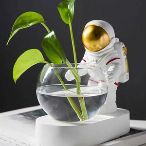 装飾的なオブジェクト図形北欧の宇宙飛行士樹脂装飾水耕栽培フラワーポット装飾品モダンな植物フラワーポット宇宙飛行士ガラス机花瓶装飾T2405