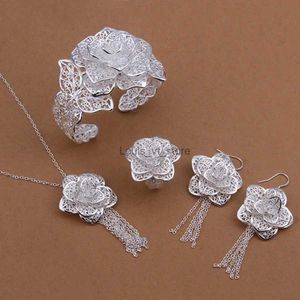 Wedding Jewelry Sets 925 Sterling Silver Noble cute wedding jewelry exquisite women lady large flower bracelets Earrings necklace ring set H240504