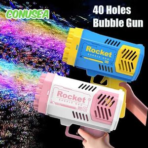 Gun Toys 40 Holes Bubble Gun Rocket Soap Bubbles Mahine Blower Toys for Kids Light Summer Outdoor Games Wedding Party Children Gifts T240506