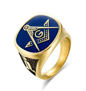 New Masonic Ring Gold Color Stainless Steel Big Rings for Men Blue Enamel Gift for Brother Friend2533756