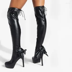Boots Classic Round Toe Bow Thigh High Stiletto Heel Platform Black Leather Cool Girl Punk Winter Fashion Street Shoes