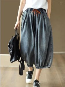 Frauen Jeans Frauen 2024 Sommer lässig lockere Kalb-Länge-Denimhose Elastische Taille Draw String Retro Laternenhosen