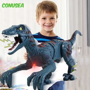 Electric/RC Animals Remote Control Dinosaur Toys Kid 8ch 2.4G Radiokontrollerad Velociraptor Toy Imiterar Walking and Sounds Shaking Head Toy för Boy T240506