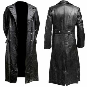 Herrläder faux herrarnas tyska klassiker WW2 Militär enhetlig officer Black Real Leather Trench Coat 221124 233J