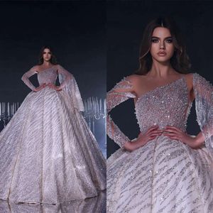 Kołnierzowe suknie ślubne w stylu vintage Ball Shining Design cekiny koraliki długie rękawy niestandardowe Sweet Train Bridal suknia plus rozmiar desetos de novia