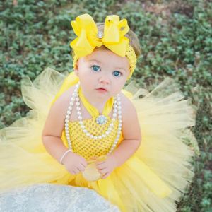 Elbiseler sevimli bebek sarı tutu elbise bebek kızlar tığ işi tül elbise ile saç eğrimi set yeni doğmuş doğum günü parti kostüm fotoğrafçılık elbise