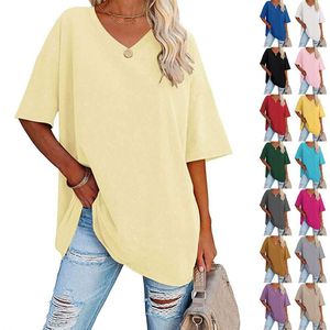 Camiseta feminina casual feminino tshirt primavera e verão nova cor solta meia manga de algodão em algodão em algodão V para feminino