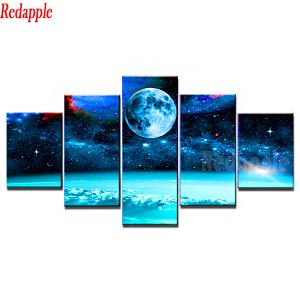 Stitch Full Square Diamond Painting, 5 Panel, Planet, Universe, Space, Starry Sky, Earth, Moon, Diamond Embroidery Mosaic, Living Room