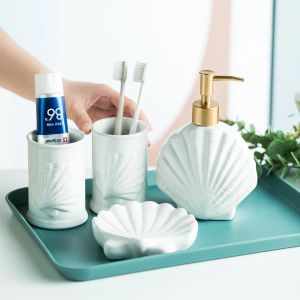 Sets Starfish Shell Shape Bathroom Accessories Kit White Ceramics Soap Dish Liquid Dispenser Shower Gel Bottle Bathing Set Bathroom P