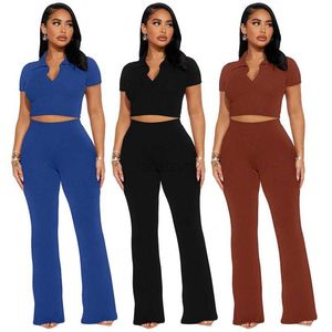 Women's Two Piece Pants Women's 24 Spring/Summer New Product Polo Neck Short Sleeve Thread Slim Fit Casual Two Piece Set plus size Sexy Sets