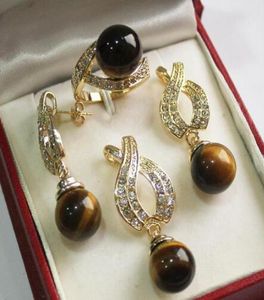 PRETT LOVELY WOMEN039S bröllop Vackra nya smycken 12mm Tiger Eye Stone Pendant Earring Ring Set6955898