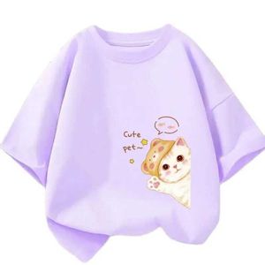 Tシャツキッズ素敵な猫ペットアニマルTシャツファッション夏の女の子かわいいカジュアルトップトップトップスリーブTシャツ子供漫画グラフィックティエル2405