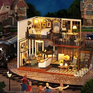 Acessórios da casa Diy Wooden House Diorama Toys Childrens Mini House Puzzle Model Assembly House Battery Power Kitl2405