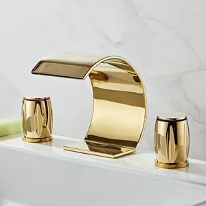 Krany zlewu łazienkowego luksusowy złoty podwójny uchwyt kran wodospadowy 3 otwór powszechny
